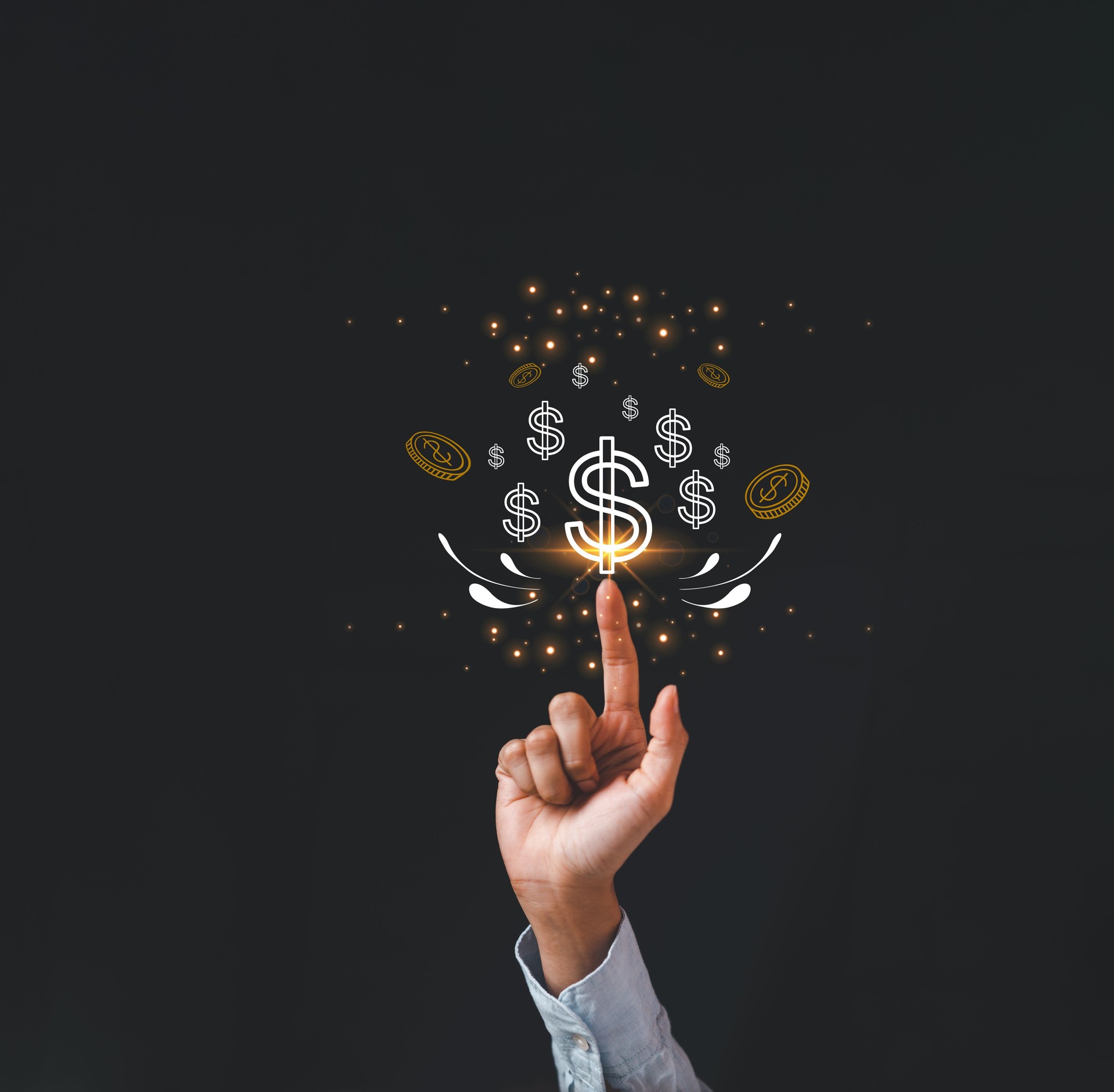 businessman, pointing at dollar icon, pursuit, wealth, success, concept, in making money online, investment strategy, and growth, finance, success.