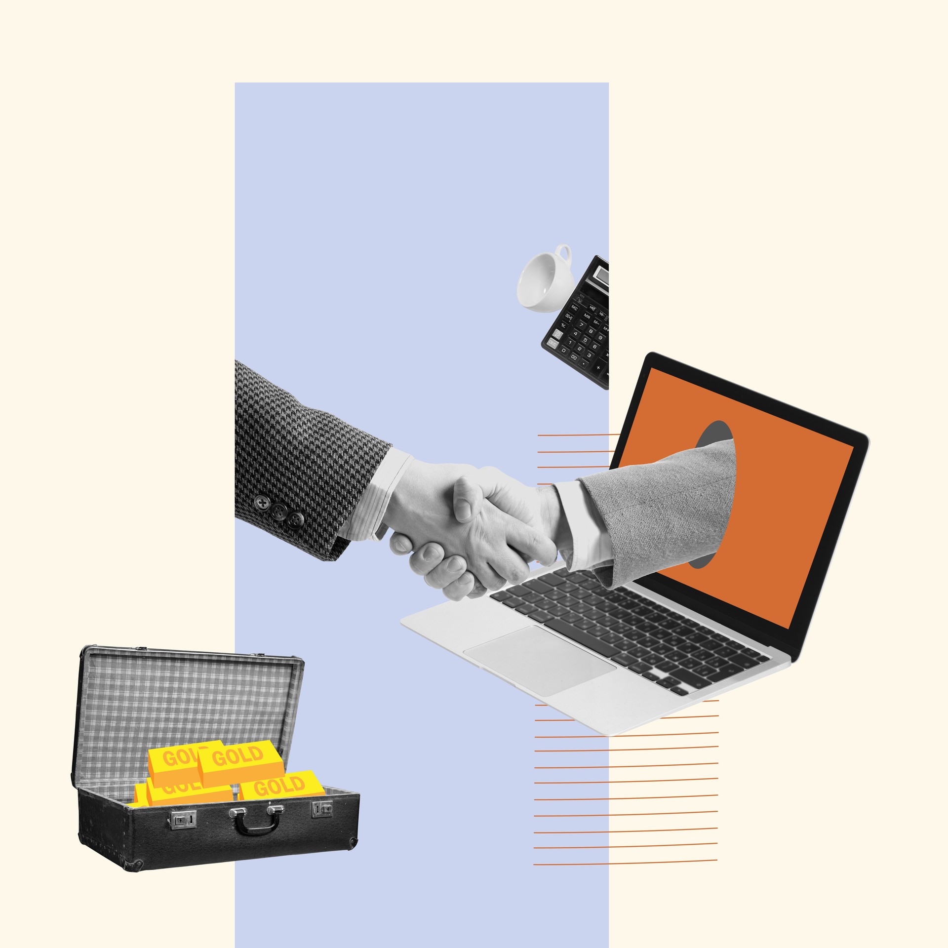 Contemporary art collage. Conceptual image of hands shaking symbolizing profitable business partnership